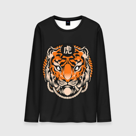 Мужской лонгслив 3D с принтом Символ тигра в Санкт-Петербурге, 100% полиэстер | длинные рукава, круглый вырез горловины, полуприлегающий силуэт | Тематика изображения на принте: eyes | grin | hieroglyphs | orange | striped | symbol | tiger | white | белые | глаза | иероглифы | оранжевый | оскал | полосатый | символ | тигр | тигра