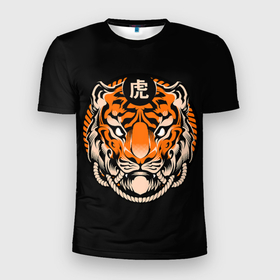 Мужская футболка 3D Slim с принтом Символ тигра в Тюмени, 100% полиэстер с улучшенными характеристиками | приталенный силуэт, круглая горловина, широкие плечи, сужается к линии бедра | eyes | grin | hieroglyphs | orange | striped | symbol | tiger | white | белые | глаза | иероглифы | оранжевый | оскал | полосатый | символ | тигр | тигра