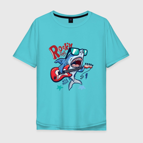 Мужская футболка хлопок Oversize с принтом Рок н Ролл   это дикая музыка в Санкт-Петербурге, 100% хлопок | свободный крой, круглый ворот, “спинка” длиннее передней части | акула | гитара | звезда | музыка | очки | рок | ролл