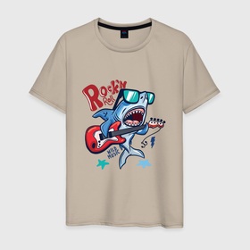 Мужская футболка хлопок с принтом Рок н Ролл   это дикая музыка в Тюмени, 100% хлопок | прямой крой, круглый вырез горловины, длина до линии бедер, слегка спущенное плечо. | акула | гитара | звезда | музыка | очки | рок | ролл