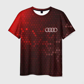 Мужская футболка 3D с принтом AUDI + Соты в Тюмени, 100% полиэфир | прямой крой, круглый вырез горловины, длина до линии бедер | audi | auto | logo | moto | quattro | sport | symbol | авто | автомобильные | ауди | кватро | лого | логотип | логотипы | марка | мото | символ | соты | спорт | шильдик