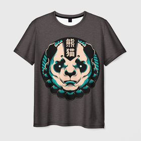 Мужская футболка 3D с принтом Символ Панды в Екатеринбурге, 100% полиэфир | прямой крой, круглый вырез горловины, длина до линии бедер | bear | black | eyes | green | hieroglyphs | panda | pandas | rosary | symbol | white | yang | yin | белые | белый | глаза | зеленые | иероглифы | инь | медведь | медведя | панда | панды | символ | черно | четки | янь