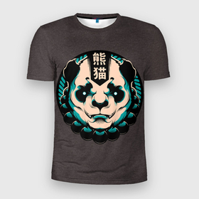 Мужская футболка 3D Slim с принтом Символ Панды в Екатеринбурге, 100% полиэстер с улучшенными характеристиками | приталенный силуэт, круглая горловина, широкие плечи, сужается к линии бедра | bear | black | eyes | green | hieroglyphs | panda | pandas | rosary | symbol | white | yang | yin | белые | белый | глаза | зеленые | иероглифы | инь | медведь | медведя | панда | панды | символ | черно | четки | янь