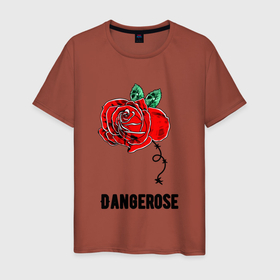 Мужская футболка хлопок с принтом Dangerose в Тюмени, 100% хлопок | прямой крой, круглый вырез горловины, длина до линии бедер, слегка спущенное плечо. | dangerose | rose | бутон | красный | листья | надпись | опасность | проволока | роза | стиль | цветок | шипы