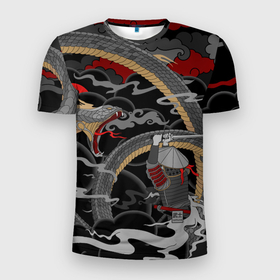Мужская футболка 3D Slim с принтом Самурай и змей в Екатеринбурге, 100% полиэстер с улучшенными характеристиками | приталенный силуэт, круглая горловина, широкие плечи, сужается к линии бедра | japan | samurai | борьба | графика | змея | саурай | стиль | япония