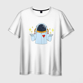 Мужская футболка 3D с принтом Космонавт с сердцем в Тюмени, 100% полиэфир | прямой крой, круглый вырез горловины, длина до линии бедер | галактика | звезда | звезды | космонавт с сердцем | космос | роскосмос | сердце