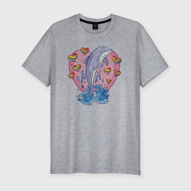 Мужская футболка хлопок Slim с принтом Дельфина с радужными сердечками в Курске, 92% хлопок, 8% лайкра | приталенный силуэт, круглый вырез ворота, длина до линии бедра, короткий рукав | брызги | вода | дельфин | морское животное | радуга | сердце