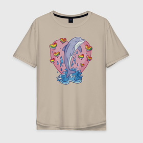 Мужская футболка хлопок Oversize с принтом Дельфина с радужными сердечками в Тюмени, 100% хлопок | свободный крой, круглый ворот, “спинка” длиннее передней части | брызги | вода | дельфин | морское животное | радуга | сердце