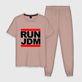 Мужская пижама хлопок с принтом Run JDM   Japan в Кировске, 100% хлопок | брюки и футболка прямого кроя, без карманов, на брюках мягкая резинка на поясе и по низу штанин
 | Тематика изображения на принте: japan | jdm | motto | run | title | бег | девиз | надпись | япония
