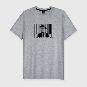 Мужская футболка хлопок Slim с принтом Покупатель за штрих кодом в клетке в Тюмени, 92% хлопок, 8% лайкра | приталенный силуэт, круглый вырез ворота, длина до линии бедра, короткий рукав | код | мемы | решетка | штрих