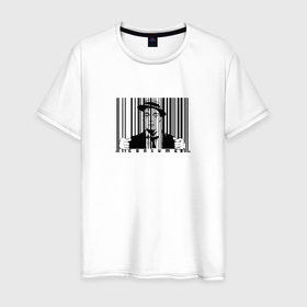 Мужская футболка хлопок с принтом Покупатель за штрих кодом в клетке , 100% хлопок | прямой крой, круглый вырез горловины, длина до линии бедер, слегка спущенное плечо. | код | мемы | решетка | штрих