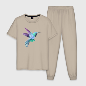 Мужская пижама хлопок с принтом Красивая колибри в Курске, 100% хлопок | брюки и футболка прямого кроя, без карманов, на брюках мягкая резинка на поясе и по низу штанин
 | Тематика изображения на принте: hummingbirds | арт | голубая | калибри | колибри | красивая | птица | птичка | рисунок | синяя