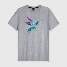 Мужская футболка хлопок Slim с принтом Красивая колибри в Тюмени, 92% хлопок, 8% лайкра | приталенный силуэт, круглый вырез ворота, длина до линии бедра, короткий рукав | hummingbirds | арт | голубая | калибри | колибри | красивая | птица | птичка | рисунок | синяя