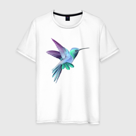 Мужская футболка хлопок с принтом Красивая колибри в Курске, 100% хлопок | прямой крой, круглый вырез горловины, длина до линии бедер, слегка спущенное плечо. | hummingbirds | арт | голубая | калибри | колибри | красивая | птица | птичка | рисунок | синяя