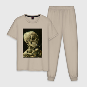 Мужская пижама хлопок с принтом Череп с горящей сигаретой Ван Гог в Петрозаводске, 100% хлопок | брюки и футболка прямого кроя, без карманов, на брюках мягкая резинка на поясе и по низу штанин
 | Тематика изображения на принте: skull skeleton | ван гога | винсест ван гог | дым | черная | черный