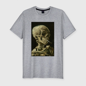 Мужская футболка хлопок Slim с принтом Череп с горящей сигаретой Ван Гог в Белгороде, 92% хлопок, 8% лайкра | приталенный силуэт, круглый вырез ворота, длина до линии бедра, короткий рукав | Тематика изображения на принте: skull skeleton | ван гога | винсест ван гог | дым | черная | черный