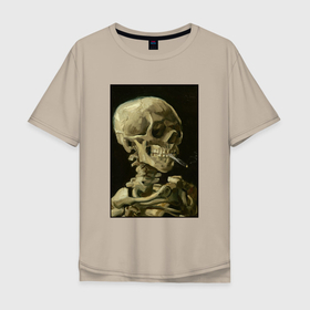Мужская футболка хлопок Oversize с принтом Череп с горящей сигаретой Ван Гог в Тюмени, 100% хлопок | свободный крой, круглый ворот, “спинка” длиннее передней части | Тематика изображения на принте: skull skeleton | ван гога | винсест ван гог | дым | черная | черный