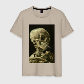 Мужская футболка хлопок с принтом Череп с горящей сигаретой Ван Гог в Екатеринбурге, 100% хлопок | прямой крой, круглый вырез горловины, длина до линии бедер, слегка спущенное плечо. | Тематика изображения на принте: skull skeleton | ван гога | винсест ван гог | дым | черная | черный