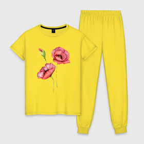 Женская пижама хлопок с принтом Большие красные маки в Петрозаводске, 100% хлопок | брюки и футболка прямого кроя, без карманов, на брюках мягкая резинка на поясе и по низу штанин | красные цветы | красный мак | мак | маки | цветы
