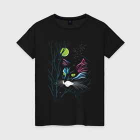 Женская футболка хлопок с принтом Зеленоглазая кошка в Курске, 100% хлопок | прямой крой, круглый вырез горловины, длина до линии бедер, слегка спущенное плечо | весна | котики | кошачий глаз | кошка | луна | неон | ночь