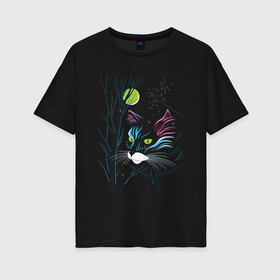 Женская футболка хлопок Oversize с принтом Зеленоглазая кошка в Новосибирске, 100% хлопок | свободный крой, круглый ворот, спущенный рукав, длина до линии бедер
 | весна | котики | кошачий глаз | кошка | луна | неон | ночь