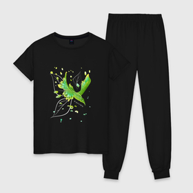 Женская пижама хлопок с принтом Птица весна в Рязани, 100% хлопок | брюки и футболка прямого кроя, без карманов, на брюках мягкая резинка на поясе и по низу штанин | весеннее настроение | весна | зеленый | зелень | листья | позитив | полет | природа | птица