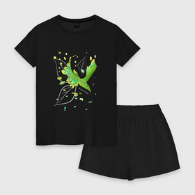 Женская пижама с шортиками хлопок с принтом Птица весна в Тюмени, 100% хлопок | футболка прямого кроя, шорты свободные с широкой мягкой резинкой | весеннее настроение | весна | зеленый | зелень | листья | позитив | полет | природа | птица