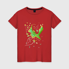 Женская футболка хлопок с принтом Птица весна в Новосибирске, 100% хлопок | прямой крой, круглый вырез горловины, длина до линии бедер, слегка спущенное плечо | весеннее настроение | весна | зеленый | зелень | листья | позитив | полет | природа | птица