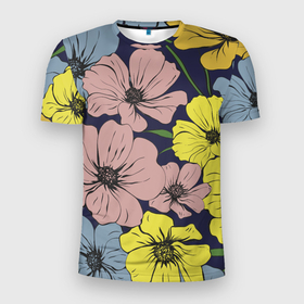 Мужская футболка 3D Slim с принтом Цветы Винтажный Цветок в Новосибирске, 100% полиэстер с улучшенными характеристиками | приталенный силуэт, круглая горловина, широкие плечи, сужается к линии бедра | flowers | природа | растение | флора | цветы