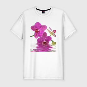 Мужская футболка хлопок Slim с принтом orchid pink в Новосибирске, 92% хлопок, 8% лайкра | приталенный силуэт, круглый вырез ворота, длина до линии бедра, короткий рукав | orchid pink | орхидея | орхидея и вода | орхидея розовая | отражение в воде | цветы