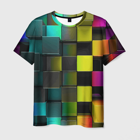 Мужская футболка 3D с принтом Colored Geometric 3D pattern в Белгороде, 100% полиэфир | прямой крой, круглый вырез горловины, длина до линии бедер | Тематика изображения на принте: color | geometric | minecraft | pattern | video game | видеоигра | геометрия | майнкрафт | узор | цвет