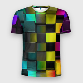 Мужская футболка 3D Slim с принтом Colored Geometric 3D pattern , 100% полиэстер с улучшенными характеристиками | приталенный силуэт, круглая горловина, широкие плечи, сужается к линии бедра | color | geometric | minecraft | pattern | video game | видеоигра | геометрия | майнкрафт | узор | цвет