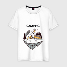 Мужская футболка хлопок с принтом Кемпинг горы , 100% хлопок | прямой крой, круглый вырез горловины, длина до линии бедер, слегка спущенное плечо. | горы | кемпинг | лето | минивэн | палатка | природа | путешествие | рыбалка | туризм