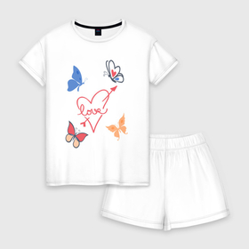Женская пижама с шортиками хлопок с принтом Бабочки любви Butterflies of love , 100% хлопок | футболка прямого кроя, шорты свободные с широкой мягкой резинкой | arrow | butterflies | heart | lave | бабочки | для любимой | любовь | подарок для девушек | сердце | стрела