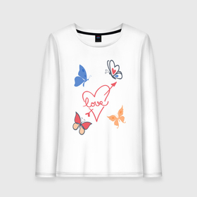 Женский лонгслив хлопок с принтом Бабочки любви Butterflies of love в Новосибирске, 100% хлопок |  | arrow | butterflies | heart | lave | бабочки | для любимой | любовь | подарок для девушек | сердце | стрела