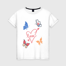 Женская футболка хлопок с принтом Бабочки любви Butterflies of love в Екатеринбурге, 100% хлопок | прямой крой, круглый вырез горловины, длина до линии бедер, слегка спущенное плечо | arrow | butterflies | heart | lave | бабочки | для любимой | любовь | подарок для девушек | сердце | стрела