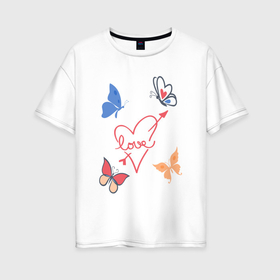 Женская футболка хлопок Oversize с принтом Бабочки любви Butterflies of love в Новосибирске, 100% хлопок | свободный крой, круглый ворот, спущенный рукав, длина до линии бедер
 | arrow | butterflies | heart | lave | бабочки | для любимой | любовь | подарок для девушек | сердце | стрела