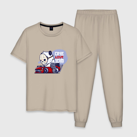 Мужская пижама хлопок с принтом One love JDM   Panda   Japan в Тюмени, 100% хлопок | брюки и футболка прямого кроя, без карманов, на брюках мягкая резинка на поясе и по низу штанин
 | car | jdm | love | mask | panda | style | автомобиль | любовь | маска | панда | стиль