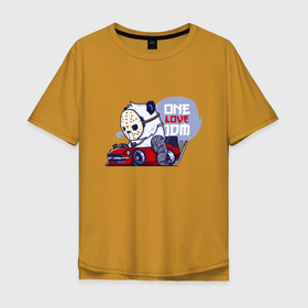 Мужская футболка хлопок Oversize с принтом One love JDM   Panda   Japan в Санкт-Петербурге, 100% хлопок | свободный крой, круглый ворот, “спинка” длиннее передней части | car | jdm | love | mask | panda | style | автомобиль | любовь | маска | панда | стиль