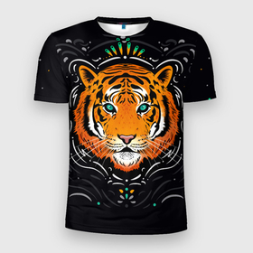 Мужская футболка 3D Slim с принтом Взгляд Тигра (Eye of Tiger) в Екатеринбурге, 100% полиэстер с улучшенными характеристиками | приталенный силуэт, круглая горловина, широкие плечи, сужается к линии бедра | animals | cats | striped | tigers | wild | взгляд | голова животного | дикая природа | дикие кошки | животные | кошки | полосатые | тигры