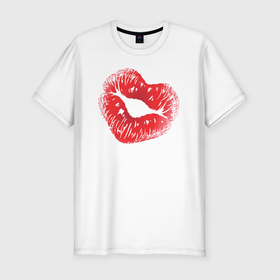 Мужская футболка хлопок Slim с принтом Red kiss (поцелуйчик) в Екатеринбурге, 92% хлопок, 8% лайкра | приталенный силуэт, круглый вырез ворота, длина до линии бедра, короткий рукав | Тематика изображения на принте: kiss | lips | red | губы | красный | помада | поцелуй