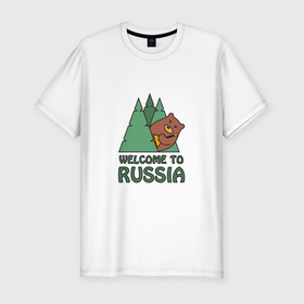 Мужская футболка хлопок Slim с принтом Welcome   Russia в Курске, 92% хлопок, 8% лайкра | приталенный силуэт, круглый вырез ворота, длина до линии бедра, короткий рукав | bear | russia | балалайка | животные | медведь | патриот | россия | россиянин | русская | русский | страна | триколор | флаг