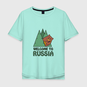 Мужская футболка хлопок Oversize с принтом Welcome   Russia , 100% хлопок | свободный крой, круглый ворот, “спинка” длиннее передней части | Тематика изображения на принте: bear | russia | балалайка | животные | медведь | патриот | россия | россиянин | русская | русский | страна | триколор | флаг