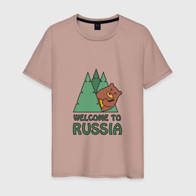 Мужская футболка хлопок с принтом Welcome   Russia в Екатеринбурге, 100% хлопок | прямой крой, круглый вырез горловины, длина до линии бедер, слегка спущенное плечо. | bear | russia | балалайка | животные | медведь | патриот | россия | россиянин | русская | русский | страна | триколор | флаг