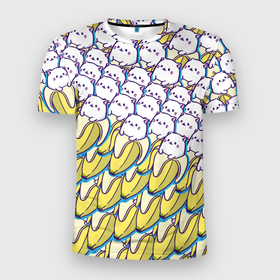 Мужская футболка 3D Slim с принтом Котики и бананы   Паттерн   Лето , 100% полиэстер с улучшенными характеристиками | приталенный силуэт, круглая горловина, широкие плечи, сужается к линии бедра | banana | cat | kitten | summer | банан | кот | котёнок | кошка | лето