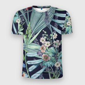 Мужская футболка 3D Slim с принтом Цветы Синие Ботанические , 100% полиэстер с улучшенными характеристиками | приталенный силуэт, круглая горловина, широкие плечи, сужается к линии бедра | Тематика изображения на принте: flowers | природа | растение | флора | цветы