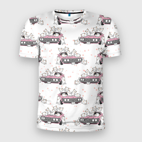 Мужская футболка 3D Slim с принтом Коты на автомобиле   Паттерн , 100% полиэстер с улучшенными характеристиками | приталенный силуэт, круглая горловина, широкие плечи, сужается к линии бедра | car | cat | kitten | pattern | автомобиль | кот | котёнок | кошка | паттерн