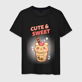 Мужская футболка хлопок с принтом Cute  Sweet в Новосибирске, 100% хлопок | прямой крой, круглый вырез горловины, длина до линии бедер, слегка спущенное плечо. | cute | kawai | kawaii | sweet | аниме | в стакане | вишенка | еда | кот | котейка | котомама | котопапа | котэ | кошка | медвежонок | мило | напиток | пародия | сладкое | сладкоежка | фастфуд