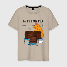 Мужская футболка хлопок с принтом Is it for me в Новосибирске, 100% хлопок | прямой крой, круглый вырез горловины, длина до линии бедер, слегка спущенное плечо. | кот | котик | котэ | котяра | кошка | милота | рыжий | сарказм | сладкое | сладкоежка | торт | тортик | хитрый