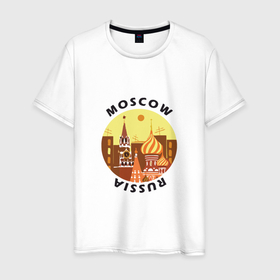 Мужская футболка хлопок с принтом Russia   Moscow в Курске, 100% хлопок | прямой крой, круглый вырез горловины, длина до линии бедер, слегка спущенное плечо. | moscow | russia | москва | патриот | россия | россиянин | русская | русский | страна | триколор | флаг